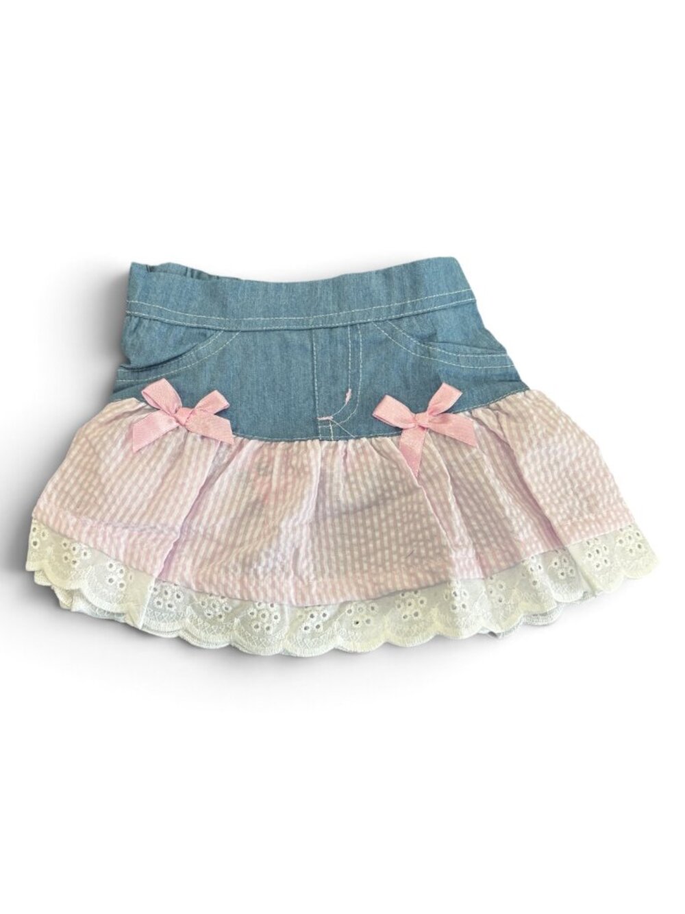 Nannette Girls Denim Pink Seersucker Ruffle Skirt White Eyelet Lace Bow Detail